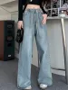 Botvotee Elastic Waist High Waist Wide Leg Jeans For Women Loose Straight Blue Long Denim Pants Female Fashion Streetwear Jeans_ecoleips.com