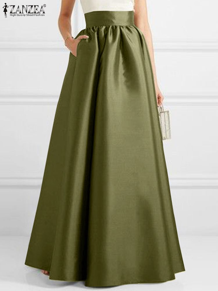 ZANZEA Women Autumn Satin Skirt New A-line Floor Length Solid Color High Waist Dress Elegant Vintage Casual Oversized Long Robe_ecoleips.com
