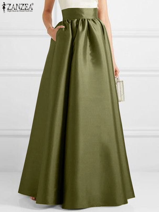 ZANZEA Women Autumn Satin Skirt New A-line Floor Length Solid Color High Waist Dress Elegant Vintage Casual Oversized Long Robe_ecoleips.com