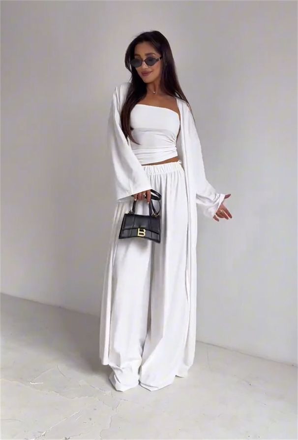 Women's Casual Three Piece Fashion Set Loose Fit Long Sleeved Cardigan with Pockets Straight Leg Pants And Tube Top European American Style_ecoleips.com