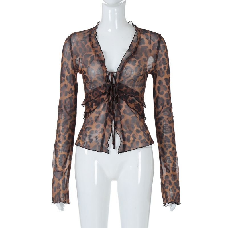 Leopard Print Mesh See Through Top For Women Sexy Tie Front American Style Fashionable Summer Clothing_ecoleips.com