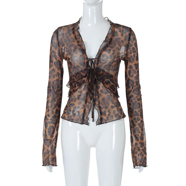 Leopard Print Mesh See Through Top For Women Sexy Tie Front American Style Fashionable Summer Clothing_ecoleips.com