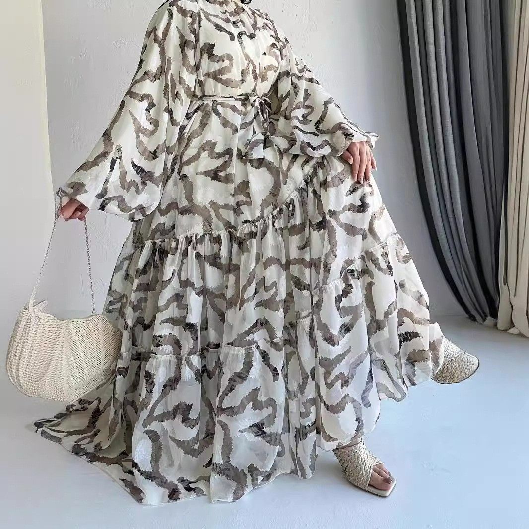 Muslim Chiffon Print Long Belted Fashionable And Elegant Dress_ecoleips.com