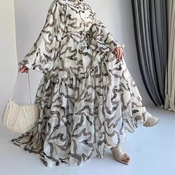 Muslim Chiffon Print Long Belted Fashionable And Elegant Dress_ecoleips.com