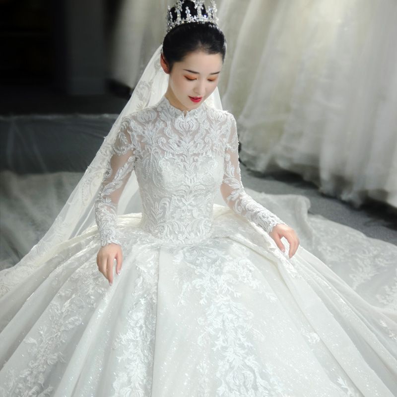 French-Style Long Sleeve Wedding Dress – Elegant Starry Sky Court Gown With Dreamy Silhouette_ecoleips.com