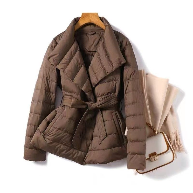 Women's Clothing Women's Slimming Belted Quilted Coat With Lapel Collar - Lightweight Winter Jacket In Black, Khaki, Coffee Brown_ecoleips.com