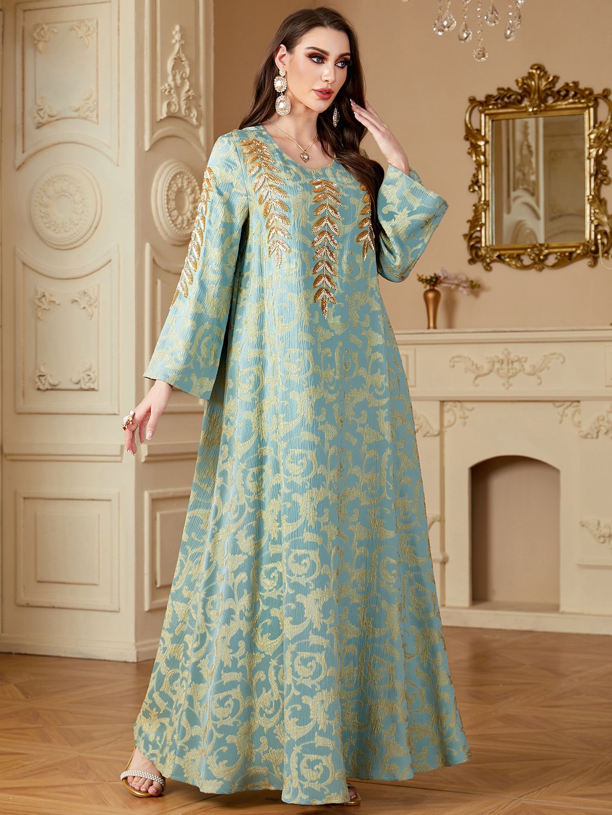 Arya Robe Women's Long Dress Fashion Jacquard Beaded Embroidery 4135 New European And American Cross Border Style for Autumn_ecoleips.com