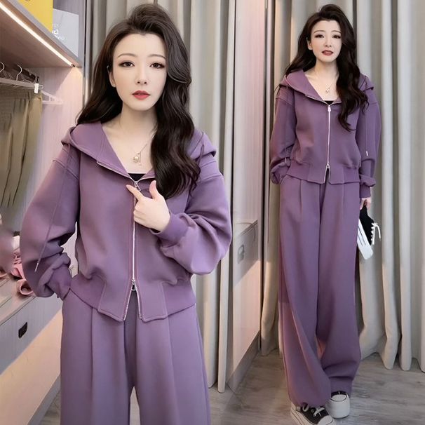 Women's Fashion Set Spring Autumn Loose Hooded Sweatshirt Wide Leg Pants Casual Two-Piece Suit For Plus Size_ecoleips.com
