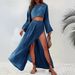 High Waist Chic Slit Cropped Top Women's Casual Holiday Two Piece Set Linen Blended Cotton Regular Fit Spring/Autumn Season_ecoleips.com