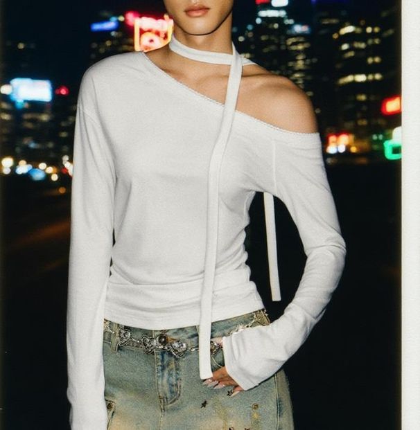 Women's Slimming Off-Shoulder Long Sleeve T-Shirt Trendy Retro Design Base Layer Top For Hot Girls Sexy Trendy Top_ecoleips.com