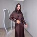 Women's Clothing Elegant Winter Dress Set – Long Sleeve Flowy Maxi Dress With Fringe Detail, High-Waisted Polyester Blend, Deep Brown, S-XXL_ecoleips.com