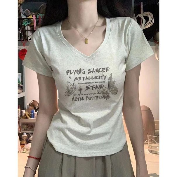 Unique Design V-neck Short-sleeve T-shirt, New Summer Style, Slim-fit, Flattering, Printed Basic Top For Women_ecoleips.com