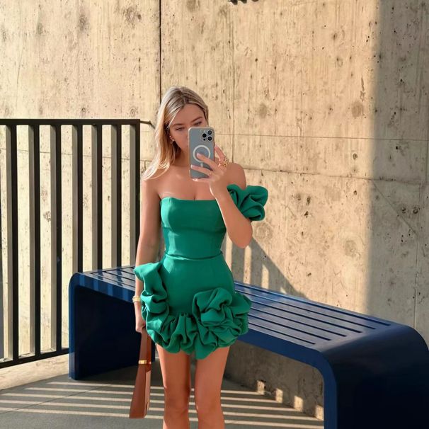 One-Shoulder Ruched Bodycon Dress With Floral Appliqué – Wrap Waist Bandage Dress For Evening Party & Cocktail (Black/White/Green, S-L)_ecoleips.com