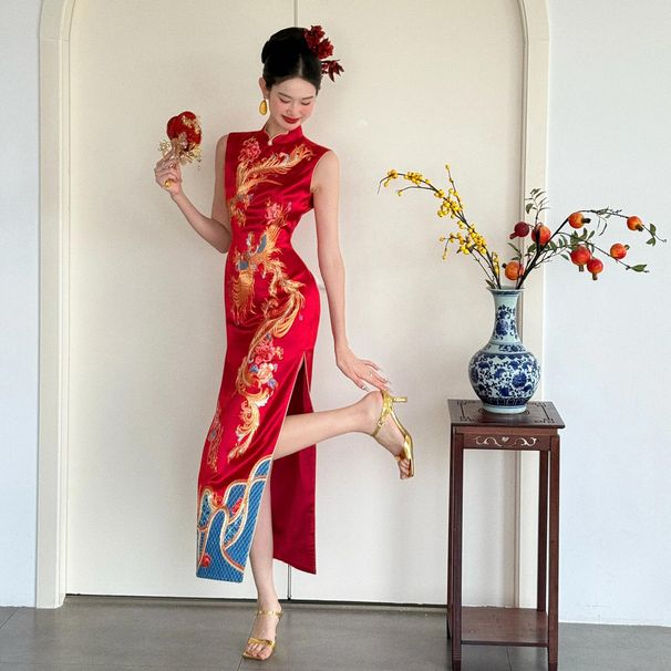 Elegant Wine Red Cheongsam Toast Dress Chinese Style Bridal Engagement Wedding Banquet Gown New 2026 Style for Women_ecoleips.com