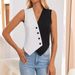 Elegant Black & White Contrast V-Neck Cross Wrap Blazer Vest For Women, Slim Fit Short Sleeveless Waistcoat, Stretchy Polyester_ecoleips.com