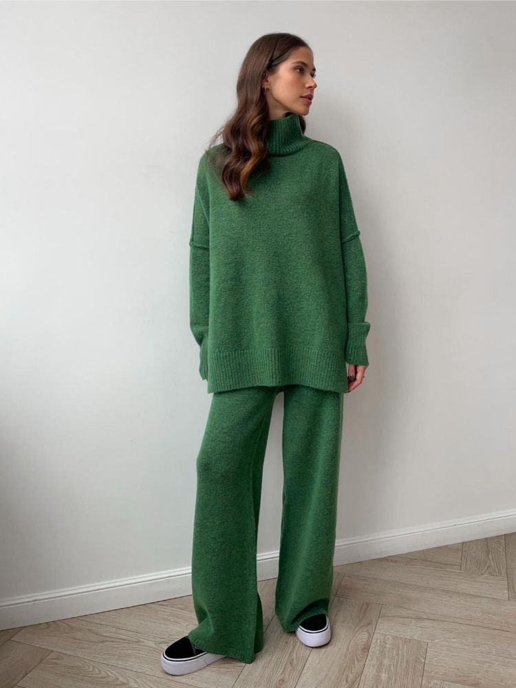 K High Neck Split Sweater Set For Women, Loose And Casual, Lazy Knitted Pants Two-piece Set_ecoleips.com
