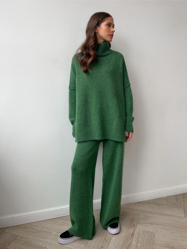 K High Neck Split Sweater Set For Women, Loose And Casual, Lazy Knitted Pants Two-piece Set_ecoleips.com