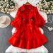 Slimming Lace Midi Dress European American Style Design Niche Mesh Patchwork Rhinestone Embellished Lapel Lantern Sleeves Waist Cinching_ecoleips.com