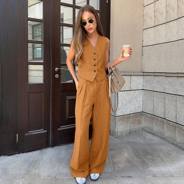 European And American Commuter Khaki Suit Vest Trousers Two Piece Suit Women's Clothing Fashion Cotton And Linen Suit_ecoleips.com