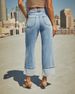 K New Elastic Straight Leg Jeans For Women, Retro Rolled Edge High Waisted Pants_ecoleips.com