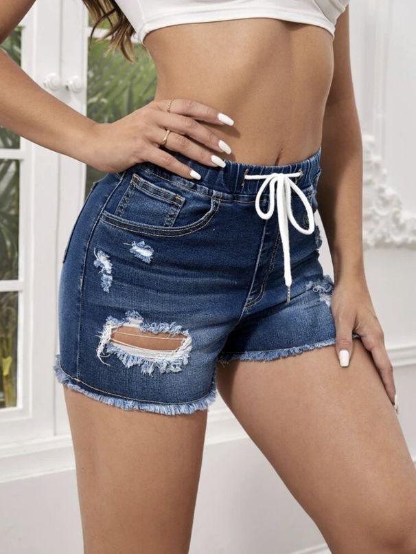 Women's Clothing Denim Shorts Elastic Waist Stretch Jeans Ripped Slim Fit Tassel Sexy Denim Hot Pants_ecoleips.com