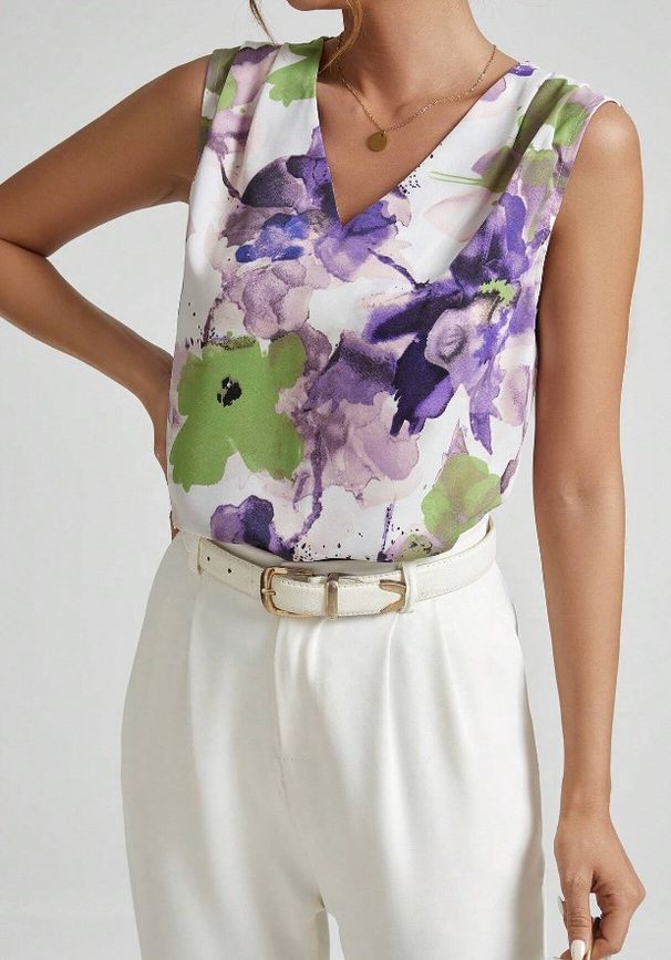 Women's Clothing New Flower Print V Neck Sleeveless Top_ecoleips.com