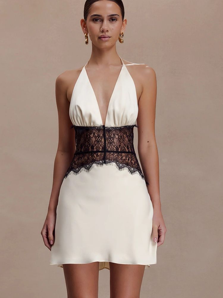 JULISSA MO Patchwork Lace Sexy Backless Mini Dress Women White Deep V-neck Halter Dress Winter Skinny Elegant Party Club Dresses_ecoleips.com