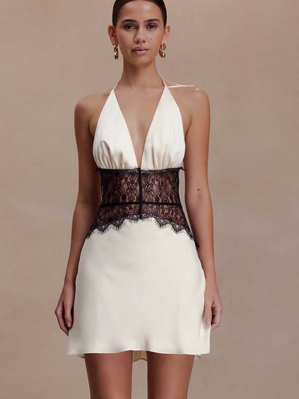 JULISSA MO Patchwork Lace Sexy Backless Mini Dress Women White Deep V-neck Halter Dress Winter Skinny Elegant Party Club Dresses_ecoleips.com