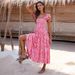Cross-border European And American 2026 Summer Wom's Floral Print Bohemian Short Sleeve Square Neck Long Dress For_ecoleips.com