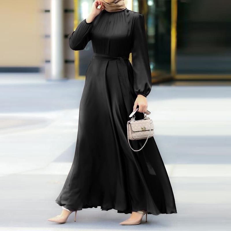 Women's Clothing Women's Muslim style round neck long sleeved belted waist slimming fashionable elegant robe loose dress dress_ecoleips.com