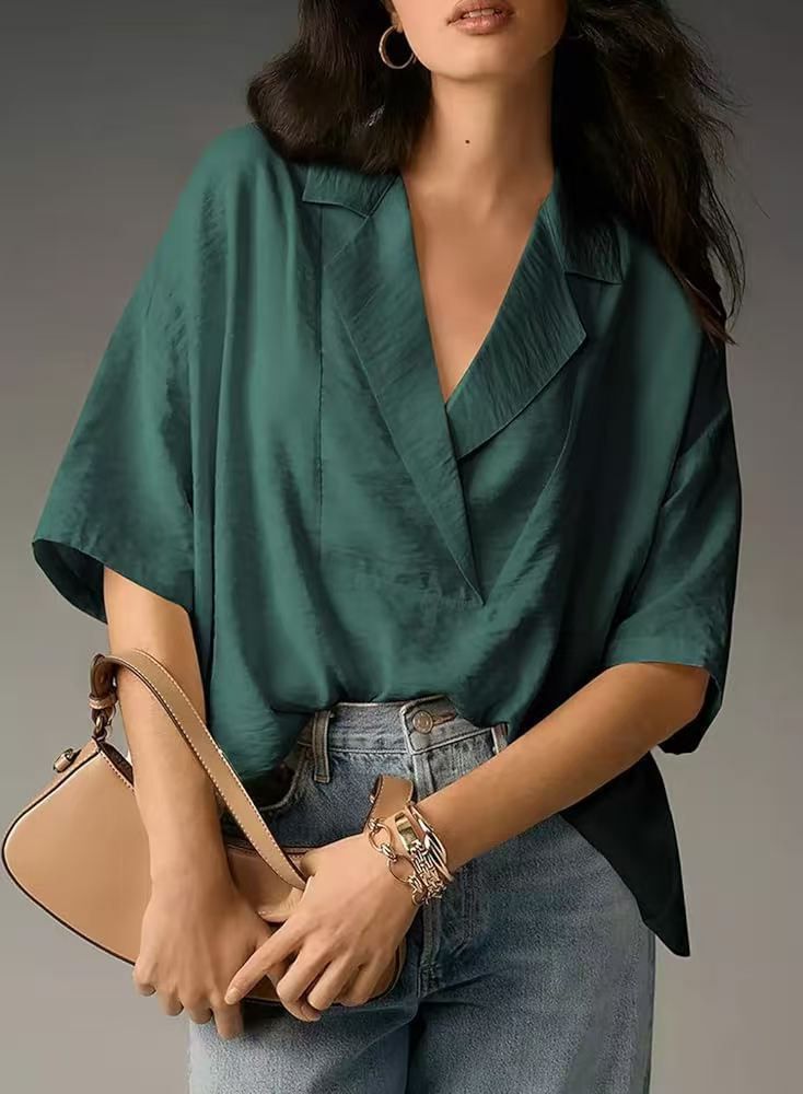 Women's Summer Short-Sleeved Collared Casual Loose Top Solid Color Shirt_ecoleips.com