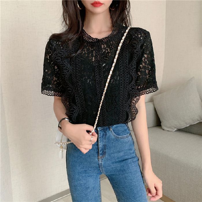 Women's Clothing Summer Lace Shirt For Women Solid Color Round Neck Short Sleeve Crochet Hollow Out Loose Comfortable Versatile Stylish Top_ecoleips.com
