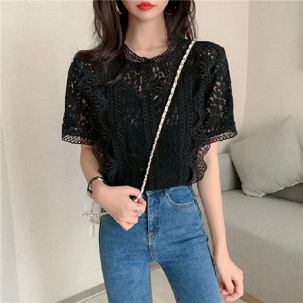 Women's Clothing Summer Lace Shirt For Women Solid Color Round Neck Short Sleeve Crochet Hollow Out Loose Comfortable Versatile Stylish Top_ecoleips.com