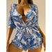 Women's Three Piece Bikini Set Leaf Print Waist Tie Long Sleeve Swimsuit Fashionable Beach Sun Protection_ecoleips.com