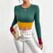 Voya Women's 2026 Autumn/winter New Slim Fit Round Neck Short Style Spliced Color Blocking Long Sleeved T-shirt Fashionable Top_ecoleips.com