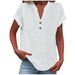 2025 Spring New Women's Solid Color V-neck Button Cotton Linen Short Sleeve Top Shirt_ecoleips.com