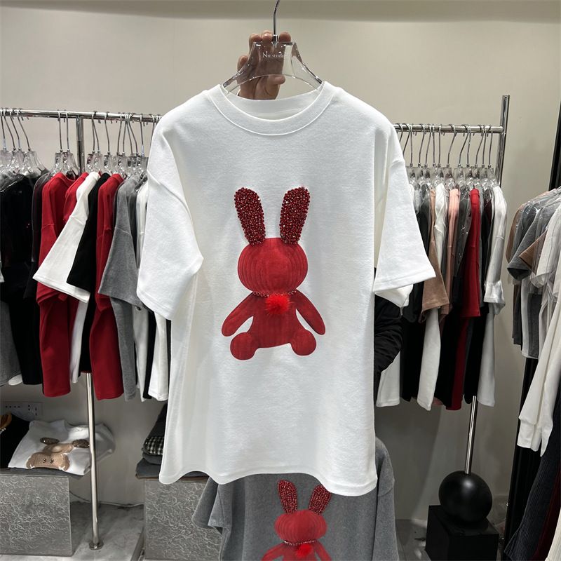Women's Rabbit Style round Neck Loose Top Short Sleeve T-Shirt Versatile Mid-Length Trendy Student Fashion_ecoleips.com