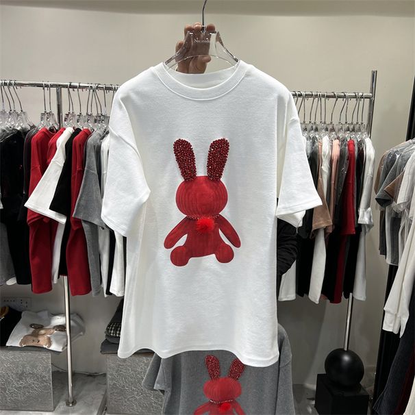Women's Rabbit Style round Neck Loose Top Short Sleeve T-Shirt Versatile Mid-Length Trendy Student Fashion_ecoleips.com