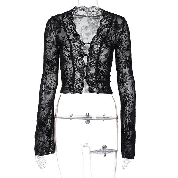 2025 Summer New Fashion Printed Sexy Mesh Lace Cardigan T-Shirt Wholesale For Women_ecoleips.com