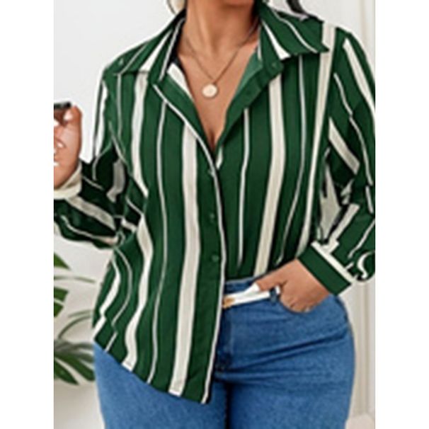Large Size Women's Spring V-Neck Shirt With Button Stripes And Long Sleeves_ecoleips.com