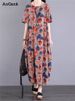 Cotton Short Sleeve Vintage Print Dresses For Women 2025 Summer Casual Loose Long Office Lady Dress Femme Robe Elegant Clothing_ecoleips.com