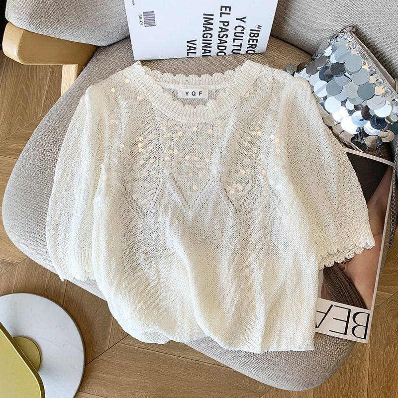 Women's Clothing Summer Women's Short Sleeve Knitwear Top With Unique Sequin Design Elegant For Formal & Casual For Women_ecoleips.com