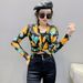 Elegant Feminine Sunscreen Long Sleeve Base Layer Top V Neck Slim Fit Waist Cinching Tie up Printed Mesh Top for Women_ecoleips.com