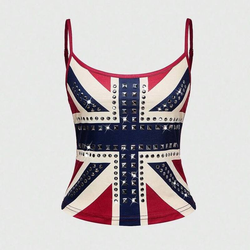 Summer Women's Sleeveless Vest Top Rhinestone National Flag Print Slim Fit Sexy Camisole Cross Border Wholesale_ecoleips.com