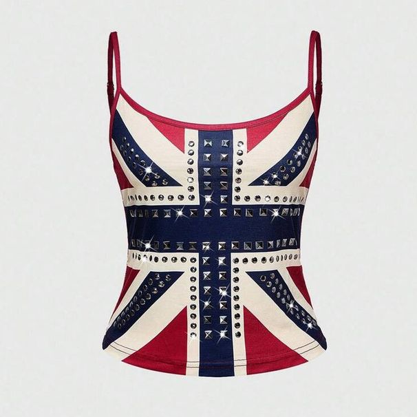 Summer Women's Sleeveless Vest Top Rhinestone National Flag Print Slim Fit Sexy Camisole Cross Border Wholesale_ecoleips.com