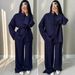 Women's Autumn/Winter Solid Color Shirt And Wide Leg Pants Set Casual Loose Fit European American Style with Buttons_ecoleips.com