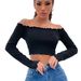 Voya Women's Streetwear Hot Girl Internet Celebrity Casual One Collar Knitted Long Sleeved Ultra Short T-shirt Top_ecoleips.com