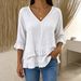 Women's V Neck Short Sleeve Shirt Spring/Summer Cotton Linen Loose Fit Solid Color American Style Top_ecoleips.com