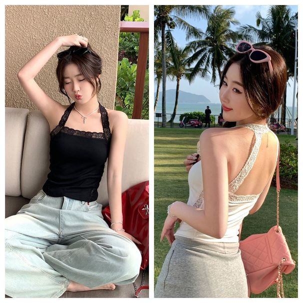 Lace Patchwork New Hot Girl Design Summer Lace Camisole Pure Desire Sexy Slim Backless Short Tank Top_ecoleips.com