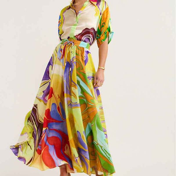 Spring New Women's Fashion Set Loose Printed Top And Tie Waist Skirt Style Clothing For Women_ecoleips.com